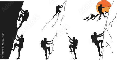 Vector art of a silhouette illustration of rock climbers ascending a mountain with ropes and sunset, isolated on white background
