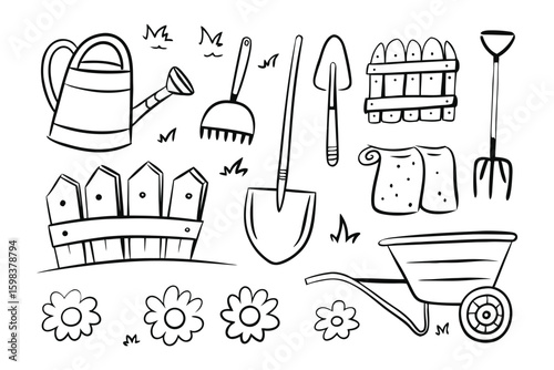 Gardening Essentials: A whimsical collection of hand-drawn garden tools, each rendered in playful sketch style, brings a cheerful vibe to gardening.