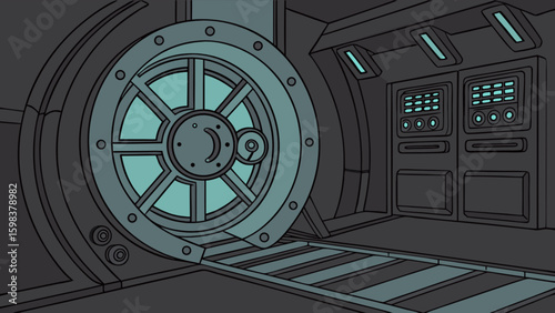 Explore the futuristic vault door entrance in this sci fi bunker illustration vector design element