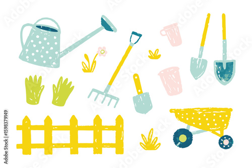 Gardening Tools Illustration: A charming collection of essential gardening tools, artfully arranged to evoke the joy and simplicity of nurturing plants and cultivating beauty in nature.