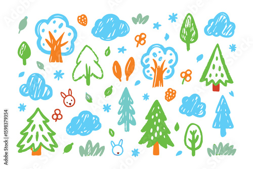 Whimsical Doodle Forest: A cheerful collection of colorful tree illustrations, clouds, leaves and other element, that embodies a sense of innocent charm and a cheerful style.