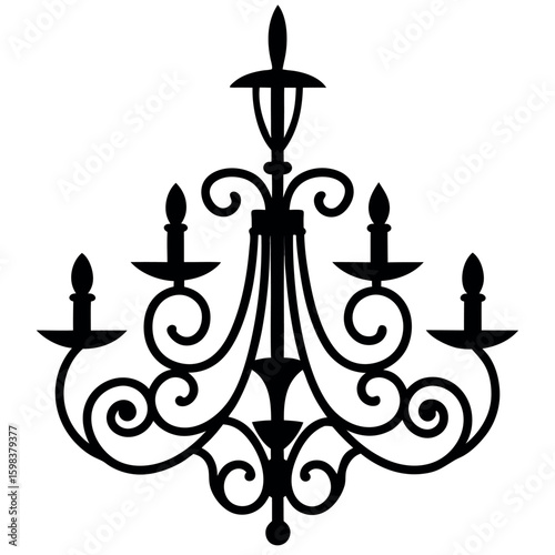 Ornate chandelier silhouette isolated on white background