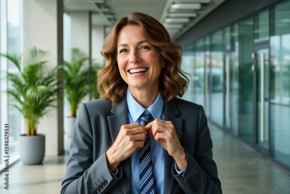 Obraz premium A smiling businesswoman adjusts her tie while standing in a modern office lobby with greenery.