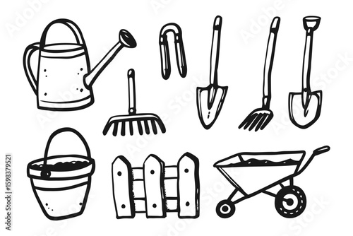 Garden Essentials: A charming monochrome sketch captures essential gardening tools, each poised to coax life from the earth. Perfect for illustrating concepts of horticulture, spring.