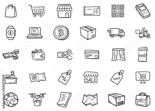 E-commerce & Delivery Doodle Icon Set