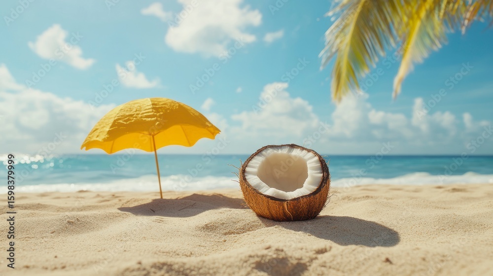 Sunny tropical beach scene with a halved coconut and small yellow umbrella in the sand. Sunny tropical beach scene with a halved coconut and small yellow umbrella in the sand.