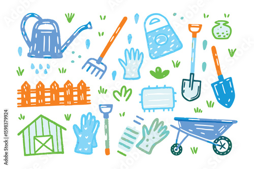 Gardening Tools Illustrated: A vibrant and cheerful illustration showcases essential gardening tools, artfully arranged to evoke the spirit of cultivation and the joy of nurturing life.