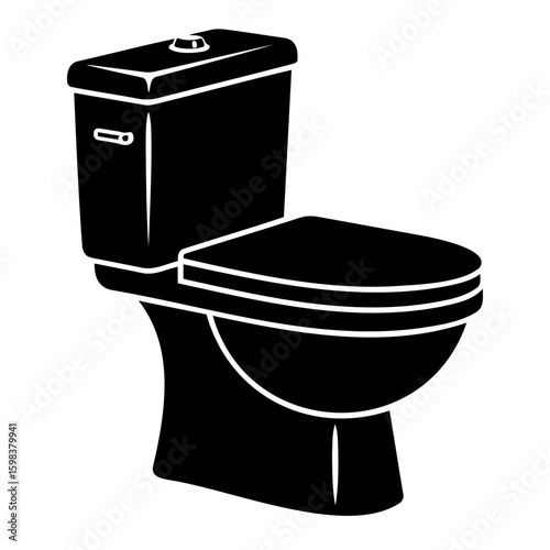 A sleek black and white illustration of a modern toilet with a closed lid and visible tank design shown