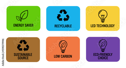 Collection of six colorful icons representing energy saving, recycling, LED technology, sustainable sources, low carbon, and eco-friendly choices.