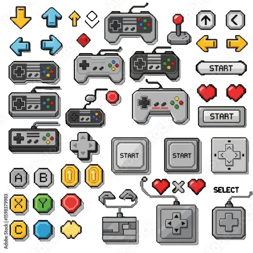 8-bit pixel art vector pack of gaming controllers, arrows, start buttons, cross pads, and old-school game console symbols. Perfect for UI, app icons, or design themes.