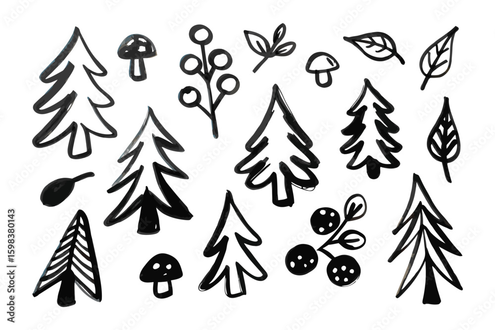 Obraz premium Hand-Drawn Forest Elements: Whimsical ink illustrations of trees, mushrooms, berries, and leaves come together to create a captivating forest scene, full of rustic charm and artistic expression.