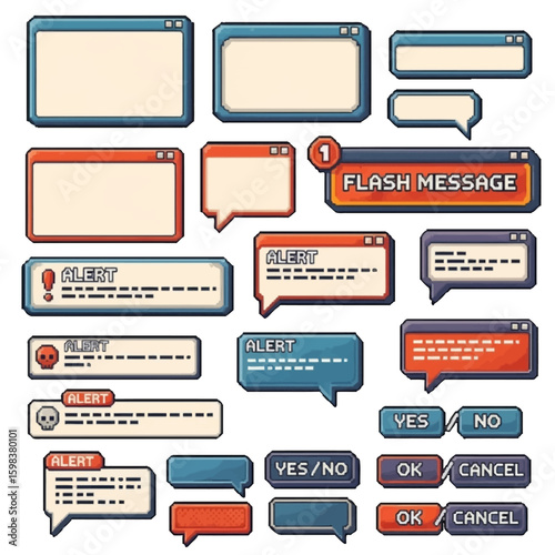 Vector set of pixel art dialogue windows and message popups. Includes empty chat frames, flash message boxes, alert notifications, and decision buttons in 8-bit retro game style.