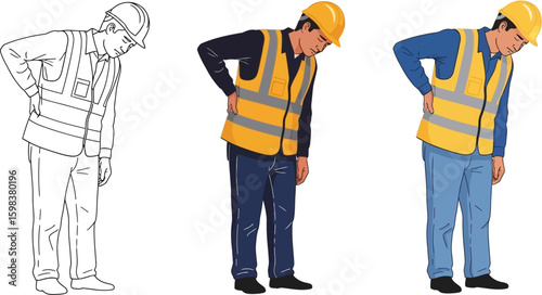 Construction worker experiences back pain while wearing safety vest and hard hat