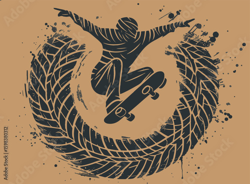  Illustration of a skateboarder in motion surrounded by a detailed artistic circular pattern, emphasizing dynamic energy and urban culture. Perfect for themes of skateboarding