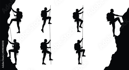 Vector art of silhouetted figures ascend rocky cliffs with ropes, demonstrating the skill and endurance required for rock climbing isolated on white background