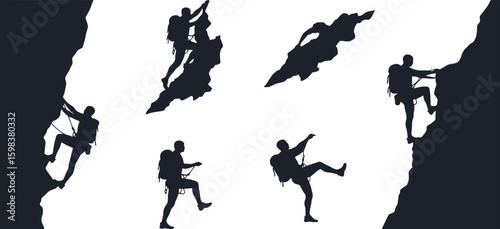 Vector art of silhouettes of climbers scaling rocks and mountains, showcasing adventure, determination, and the spirit of exploration isolated on white background