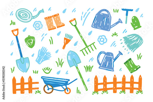 Garden Tools Illustration: An appealing hand-drawn illustration showcases various essential gardening tools and accessories, evoking a sense of outdoor activity and the nurturing of plant life.