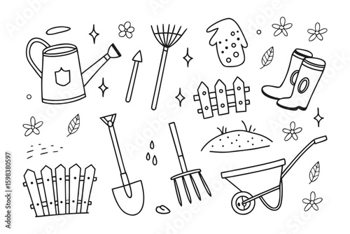 Garden Toolkit Sketch: A captivating illustration of garden tools, meticulously sketched to capture the essence of outdoor cultivation. Featuring a watering can, rake, gloves, boots, fence and more.