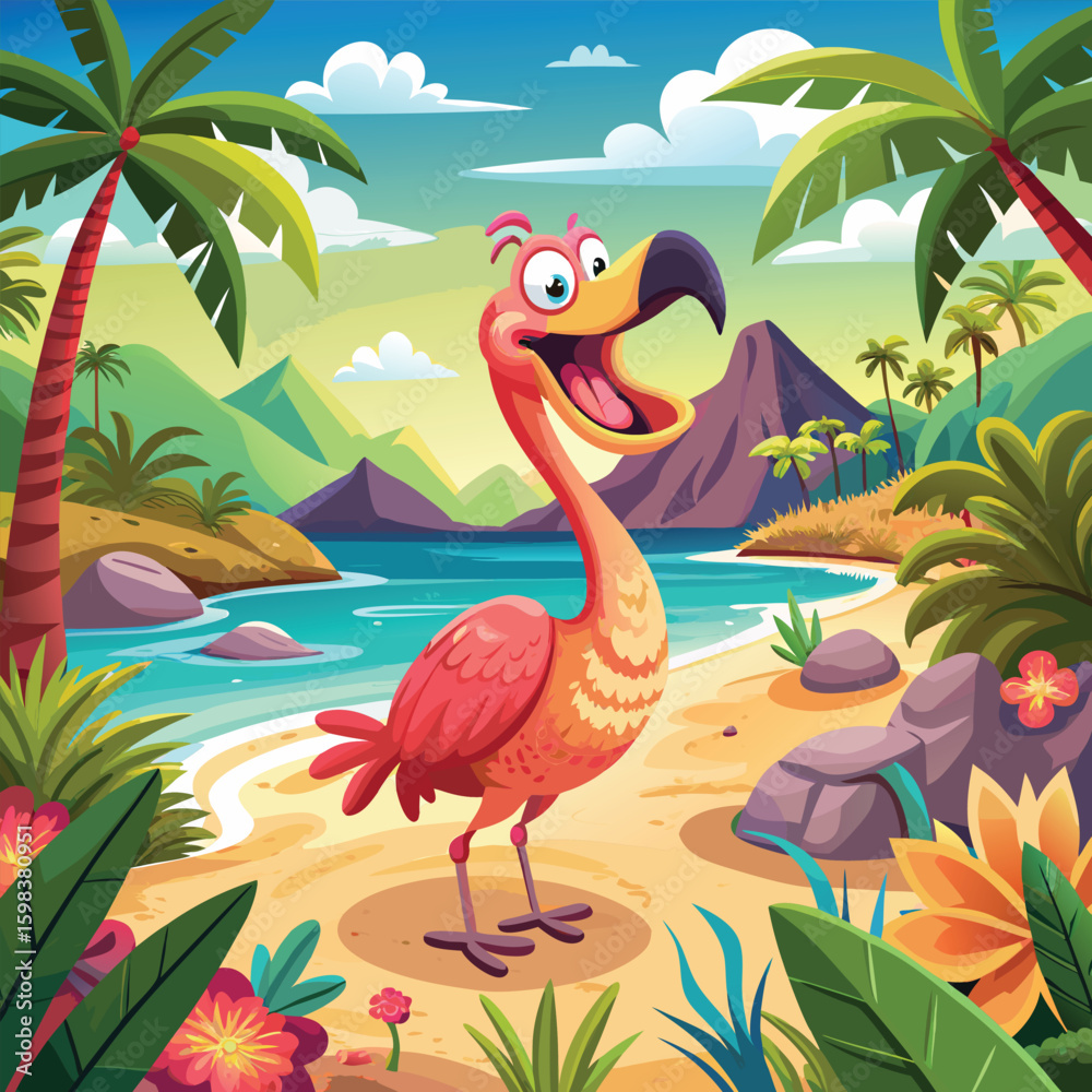 Obraz premium Standing Flamingo Bird Near Island Shoreline Vector