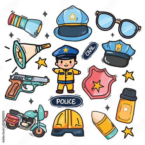 Police cute doodle vector sticker collection