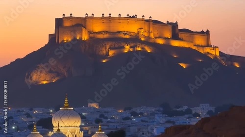 The Jaswant Thada and Mehrangarh Fort in background at sunset, The Jaswant Thada is a cenotaph located in Jodhpur, It was used for the cremation of the royal family Marwar, Jodhpur. Rajasthan, India