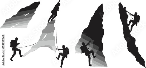 Vector art of silhouetted climbers ascend rocky peaks, symbolizing teamwork, determination, and the thrill of mountain exploration isolated on white background