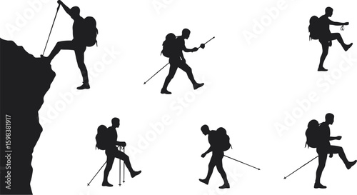 Vector art of silhouetted hikers with trekking poles explore mountain trails, capturing the essence of outdoor adventure and travel