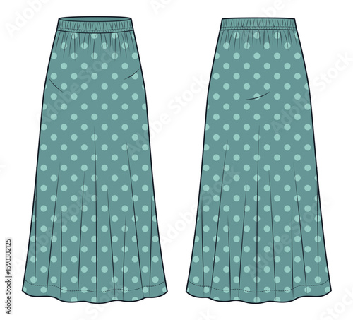 Long Slip Skirt with Elastic Waistband Technical Fashion Illustration, Polka Dot design, bias cut, A-line, front and back view, green, women CAD mockup.