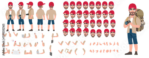 Traveler character model sheet, Character poses, expressions, Walk cycle, Run cycle animated character sequences.