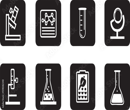 Collection of eight black square icons representing scientific laboratory equipment and experiments