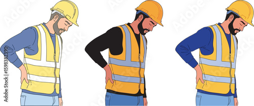 Construction workers experiencing back pain and discomfort while wearing safety vests and hard hats