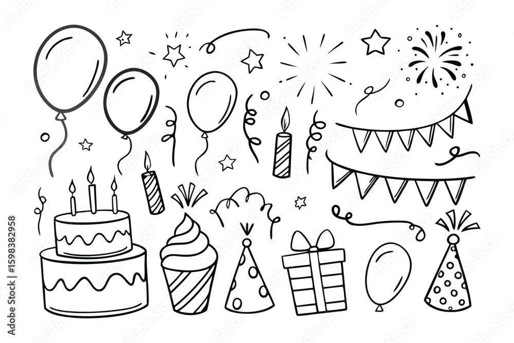 Fototapeta premium Birthday Celebration Doodle: A delightful black and white doodle of a birthday party theme, featuring balloons, cake, gifts and other party elements.