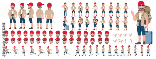 Traveler character model sheet, Character poses, expressions, Walk cycle, Run cycle animated character sequences.