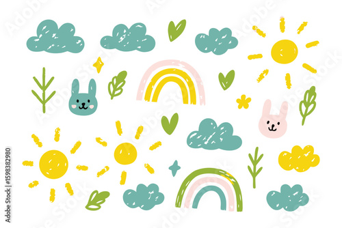  Whimsical Illustration of Sunshine and Rainbows: A cheerful, childlike illustration features vibrant suns, rainbows, clouds, and playful elements in a delightful array, evoking pure joy and wonder.