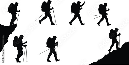 Vector art of silhouettes of hikers with backpacks using trekking poles while walking and climbing on mountains isolated on white background