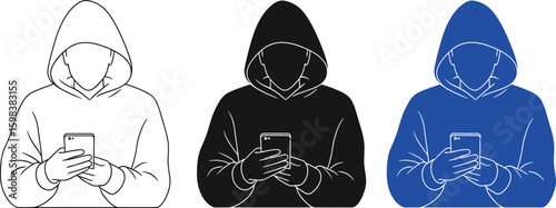 Three stylized figures wearing hooded sweatshirts holding cups in different artistic styles