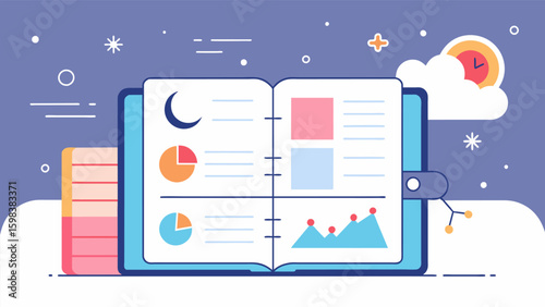 A detailed spread in a bullet journal for tracking sleep patterns including hours slept and quality of sleep to monitor the influence on overall. Vector illustration