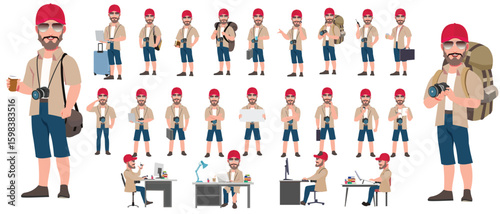 Traveler character model sheet, Character poses, expressions, Walk cycle, Run cycle animated character sequences.