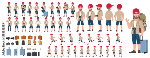 Traveler character model sheet, Character poses, expressions, Walk cycle, Run cycle animated character sequences.