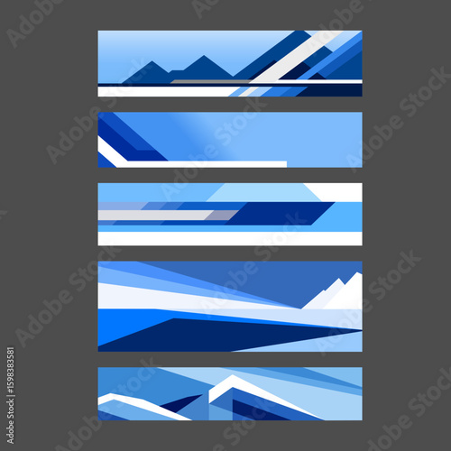 Modern blue TV banner templates with abstract geometric designs. Ideal for tech, corporate, or news broadcasts. Features sleek lines and shades of blue, offering a clean, professional look for media.