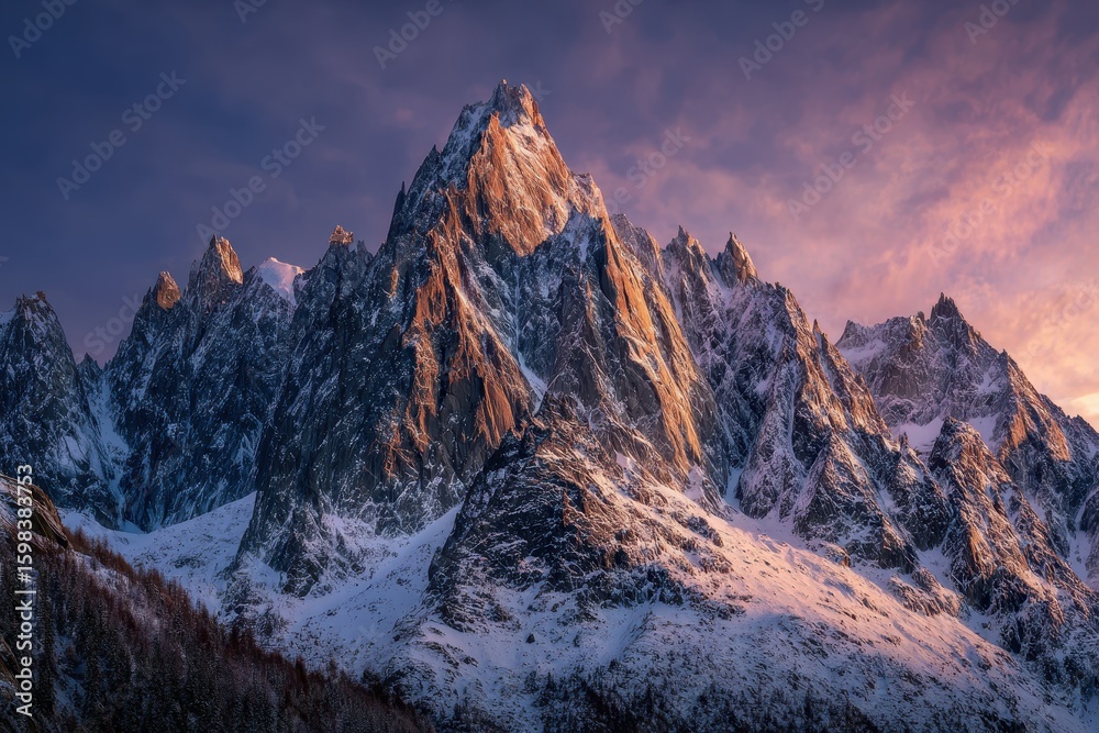 Obraz premium Snowy mountain peak glows at sunrise, pink cloudscape, cold alpine adventure scene