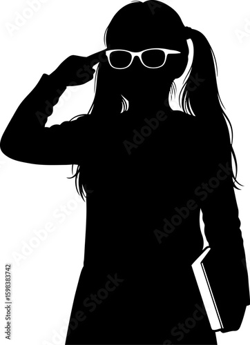 Silhouette of a young girl with glasses and ponytail adjusting eyewear