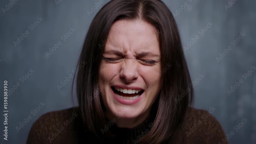 Close-up of a distressed young adult woman with dark hair screaming or ...