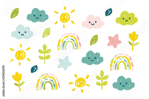 Cheerful Doodle Collection: A delightful assortment of hand-drawn illustrations featuring smiling suns, fluffy clouds, vibrant rainbows, stars, leaves, and blossoms.