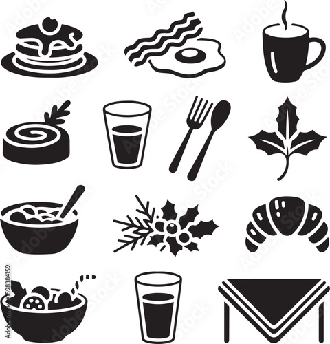 Breakfast, Icon, Set, Holiday, Food, Christmas, Morning, Meal, vector, silhouette