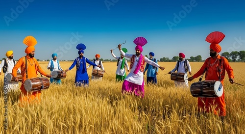 Energetic Punjabi men in colorful traditional attire performing the Bhangra folk dance in a golden wheat field.