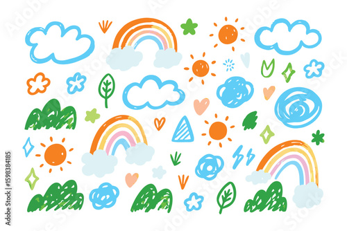 Hand-drawn Rainbows and Nature Elements: A whimsical array of hand-drawn elements, featuring cheerful rainbows, fluffy clouds, radiant suns, vibrant greenery, and playful stars.
