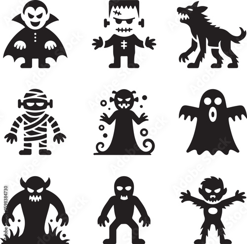 Horror, Monster, Icon, Set, Halloween, Classic, Villain, Spooky, vector, silhouette