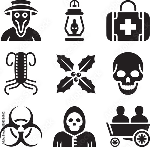 Plague, Icon, Set, Death, Horror, History, Disease, Doctor, vector, silhouette