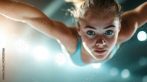 A focused young gymnast defies gravity in mid-air, showcasing her strength and poise under the spotlight, reflecting the dedication required in the world of gymnastics and the thrill of competition i
